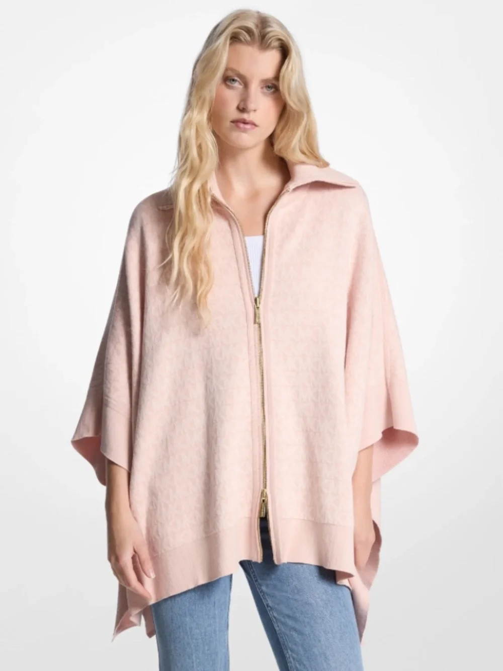 Michael Kors Monogram Riversable Knit Zip Poncho Cape Sweater Powder Blush NWT